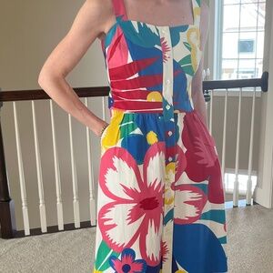 Bright Floral Midi Dress in Pink, Blue & White